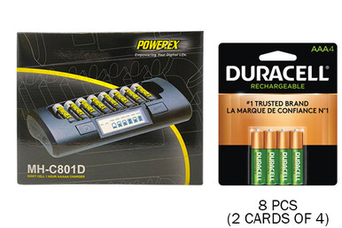 Powerex MH-C801D charger with eight Duracell AAA rechargeable batteries
