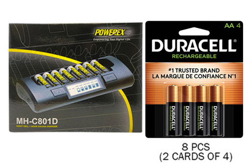 Powerex MH-C801D 8-cell charger with eight Duracell AA rechargeable batteries