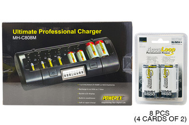 Powerex MH-C808M 8-bay LCD charger with eight AccuPower D batteries