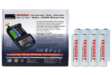Tenergy IQ-328 LCD charger with eight AA rechargeable batteries