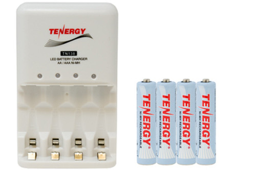 4 Bay AA / AAA LED Smart Battery Charger + 4 AAA Tenergy NiMH Rechargeable Batteries (1000 mAh)