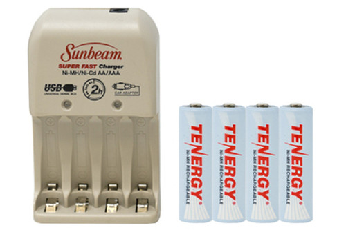 Sunbeam AA / AAA Battery Charger + 4 AA Tenergy NiMH Rechargeable Batteries (2500 mAh)