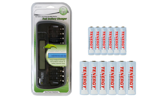 12 Bay AA / AAA LCD Battery Charger + 6 AAA (1000 mAh) + 6 AA (2500 mAh) Tenergy NiMH Rechargeable Batteries
