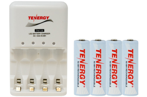 4 Bay AA / AAA LED Smart Battery Charger + 4 AA Tenergy NiMH Rechargeable Batteries (2500 mAh)