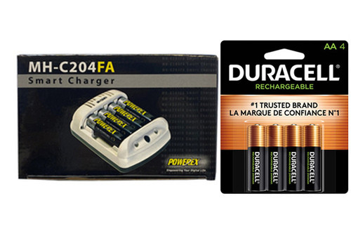 Powerex MH-C204FA charger with four Duracell rechargeable AA batteries