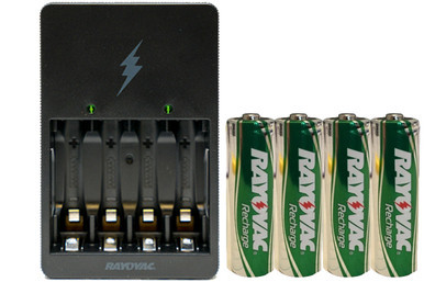 Rayovac AA/AAA compact charger with four pre-charged AA batteries