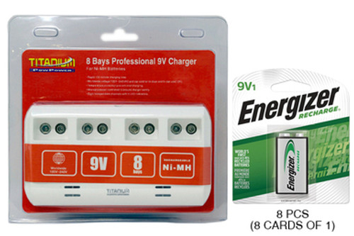 8 Bay 9 Volt Smart Charger + 8 x 9 Volt Energizer Recharge NiMH Batteries (175 mAh)