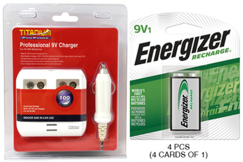 4 Bay 9 Volt Smart Charger + 4 x 9 Volt Energizer Recharge NiMH Batteries (175 mAh)