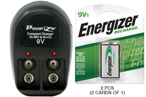 V-228 Two Bay 9 Volt Charger + 2 x 9 Volt Energizer Recharge NiMH Batteries (175 mAh)