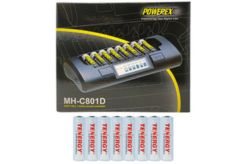 Powerex MH-C801D Eight Slot Smart Charger & 8 AA Tenergy NiMH Rechargeable Batteries (2500 mAh)