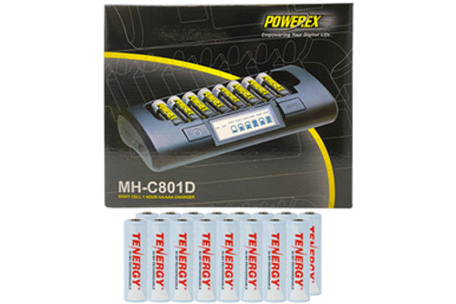 Powerex MH-C801D Eight Slot Smart Charger & 16 AA Tenergy NiMH Rechargeable Batteries (2500 mAh)