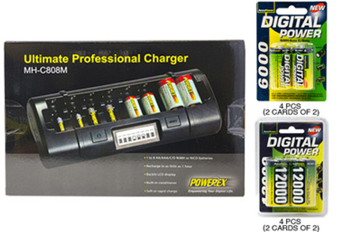 Powerex MH-C808M 8 Bay LCD Charger + 4 C (6000 mAh) + 4 D (12000) AccuPower NiMH Batteries