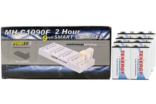 10 Bay 9 Volt Charger + 10 x 9 Volt Tenergy Premium NiMH Batteries (250 mAh)