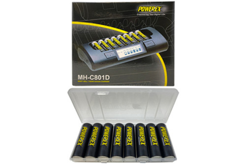 Powerex MH-C801D Eight Slot Smart Charger + 8 AA NiMH Powerex Rechargeable Batteries (2600 mAh) with Battery Case