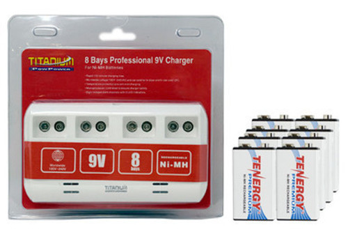 8 Bay 9 Volt Smart Charger + 8 x 9 Volt Tenergy Premium NiMH Batteries (250 mAh)