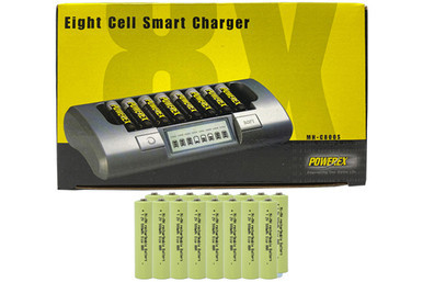 Powerex MH-C800S eight-slot smart charger with 16 AAA NiMH batteries
