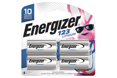 Energizer CR123A 3V lithium batteries 4 pack card front view