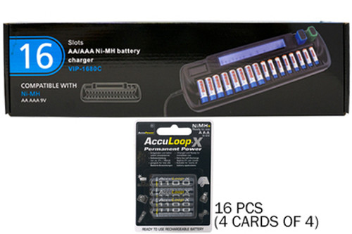 16 Bay AA / AAA LCD Battery Charger + 16 AAA 1100 mAh Acculoop-X NiMH Batteries