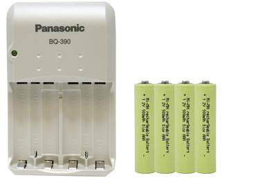 Panasonic BQ-390 smart battery charger with four AAA NiMH batteries