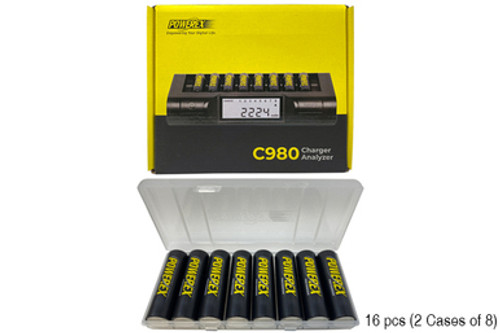 Powerex C980 Smart Charger + 16 AA NiMH Powerex Rechargeable Batteries (2600 mAh) with Battery Case