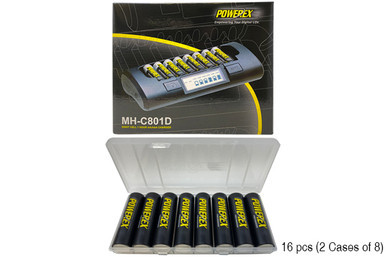 Powerex MH-C801D eight-slot smart charger with 16 AA NiMH batteries and case