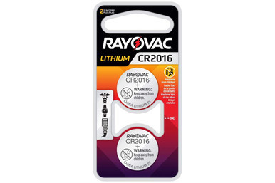 Rayovac CR2016 3 volt lithium coin cell batteries, 2 on a card