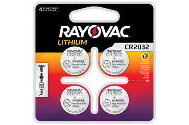 Rayovac CR2032 3 volt lithium coin cell batteries, 4 on a card