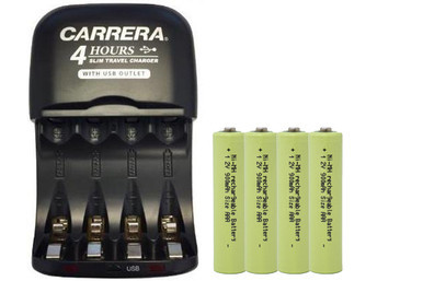 Carrera V3299USB smart slim travel charger with USB plug and four AAA batteries