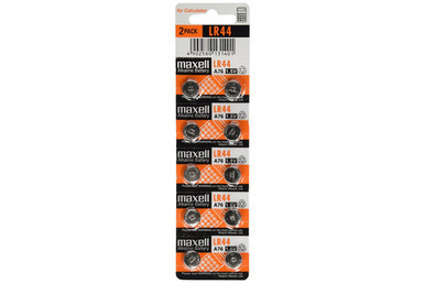 Maxell LR44 A76 alkaline button batteries 10-pack packaging