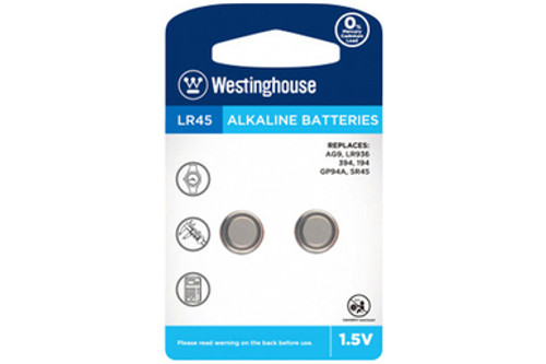 LR45 / AG9 Westinghouse Alkaline Button Batteries (2 Pack)