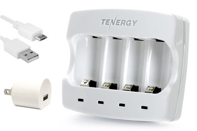 Tenergy 4-slot RCR123A USB Charger with USB adapter on white background