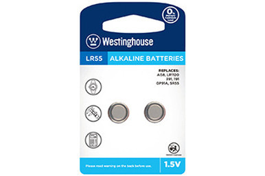 Westinghouse LR55 AG8 alkaline button batteries 2 pack on card