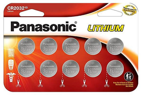 Panasonic CR2032 3 volt lithium coin cell batteries, 10 on a card