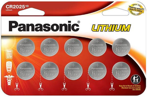 Panasonic CR2025 3V lithium coin cell batteries, 10 on a card
