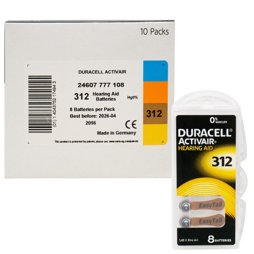 Size 312 Duracell Activair (DA312) Easy Tab Hearing Aid Batteries (80 pcs - 1 Box)