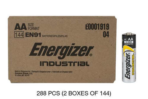 288-pack Energizer Industrial EN91 AA alkaline batteries in two boxes