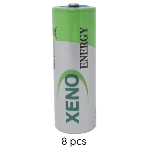 Eight Xeno XL-100F lithium batteries arranged in a row