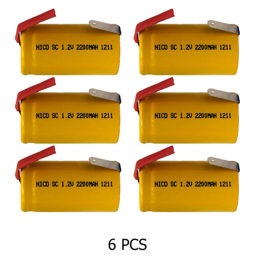 Six-pack rechargeable Sub C batteries with tabs