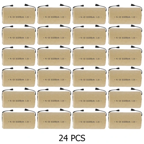 24-pack NiCd Sub C batteries arranged in rows showing terminal tabs