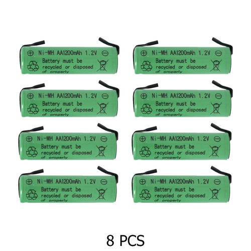Eight AA 1.2V NiMH batteries with tabs for reliable rechargeable performance