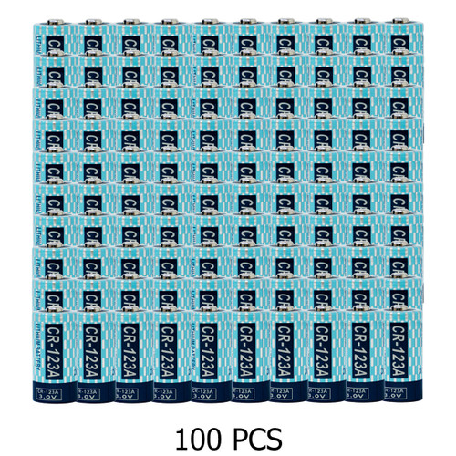 100 Powerizer CR123A 3V lithium batteries neatly arranged in packaging