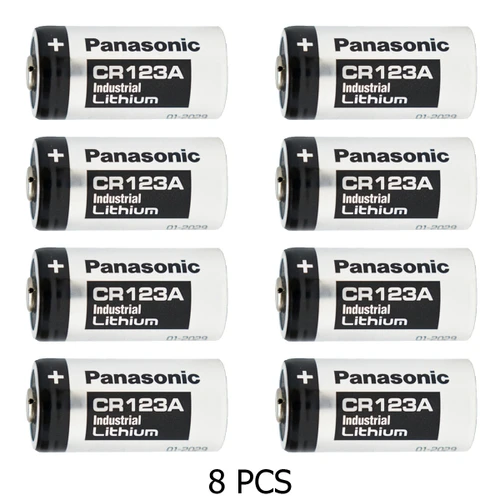 Close-up of Panasonic Industrial CR123A batteries packaging