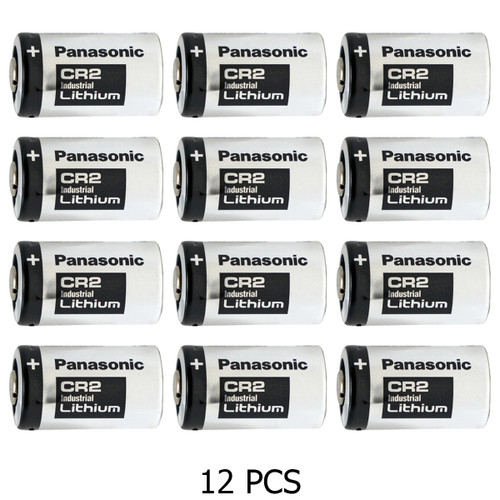 12-pack of Panasonic CR2 3V lithium batteries arranged in a row