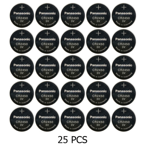 Panasonic CR2450 coin cell batteries with 25-count packaging