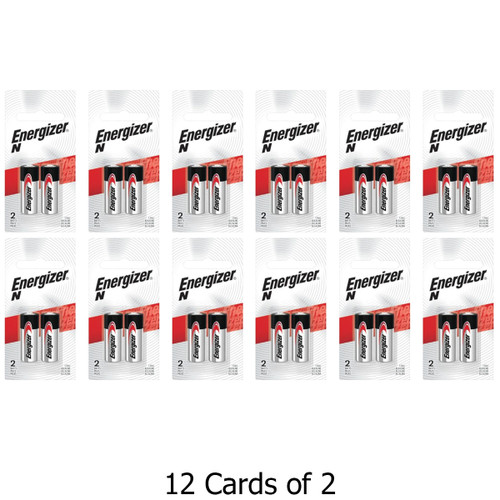 Front view of Energizer N Size E90 alkaline battery packaging