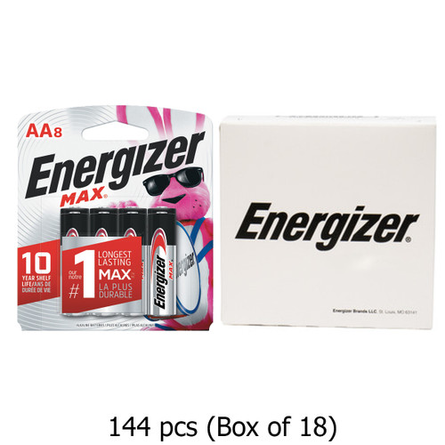 Energizer AA E91MP-8 batteries in 18 cards of 8, bulk packaging