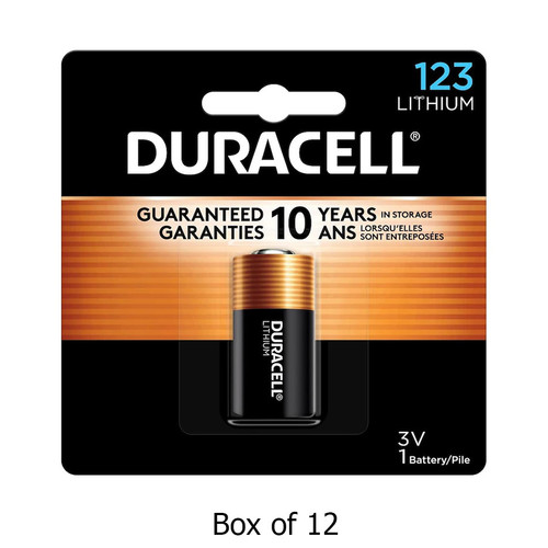12-pack Duracell CR123A 3 volt lithium batteries on card