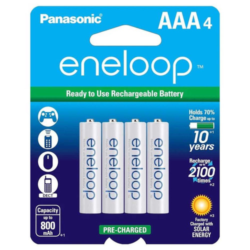Front view of Panasonic Eneloop AAA NiMH rechargeable batteries