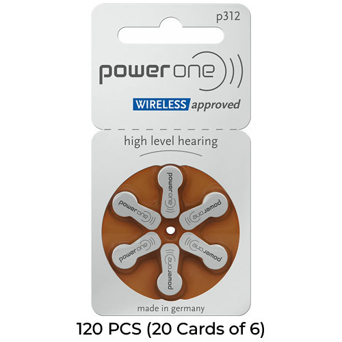 PowerOne P312 hearing aid batteries 120-pack with 20 cards of 6