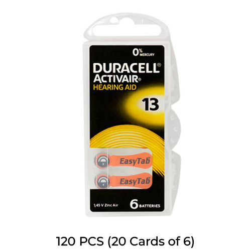 120-Pack Size 13 Duracell Activair Hearing Aid Batteries DA13 (20 Cards of 6)